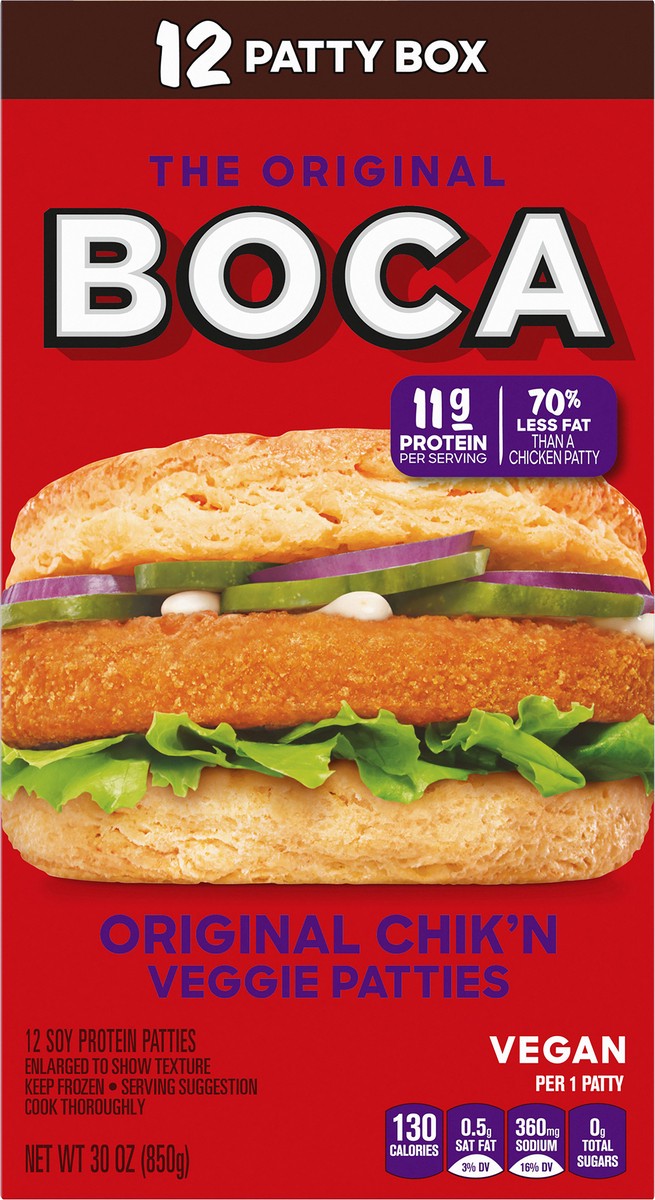 slide 5 of 10, BOCA Original Vegan Chicken Flavored Veggie Patties, 12 ct Box, 12 ct