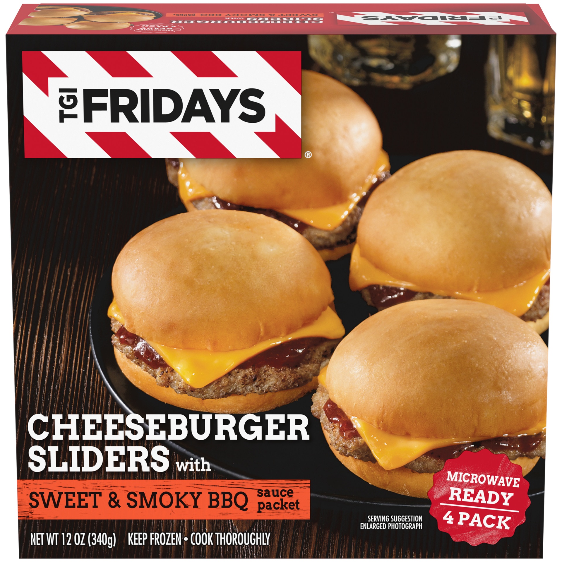 slide 1 of 6, TGI Fridays Frozen Appetizers Cheeseburger Sliders with Sweet & Smoky BBQ Sauce, 4 ct; 12 oz