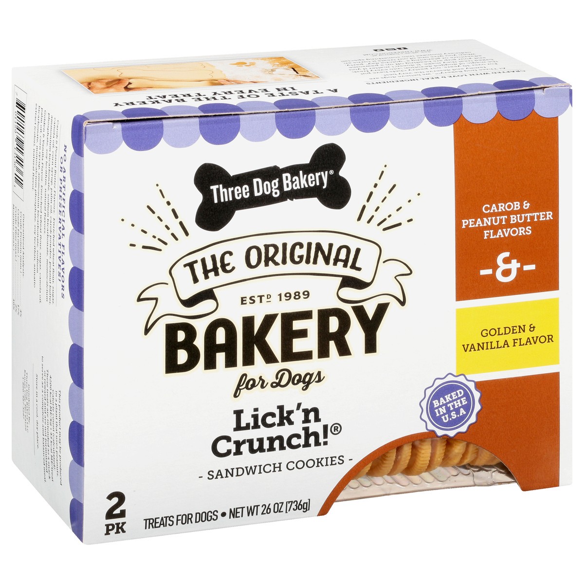 slide 3 of 9, Three Dog Bakery Lick'n Crunch Sandwich Cookies Carob & Peanut Butter Flavors & Golden & Vanilla Flavor Treats For Dogs 2 ea, 2 ct