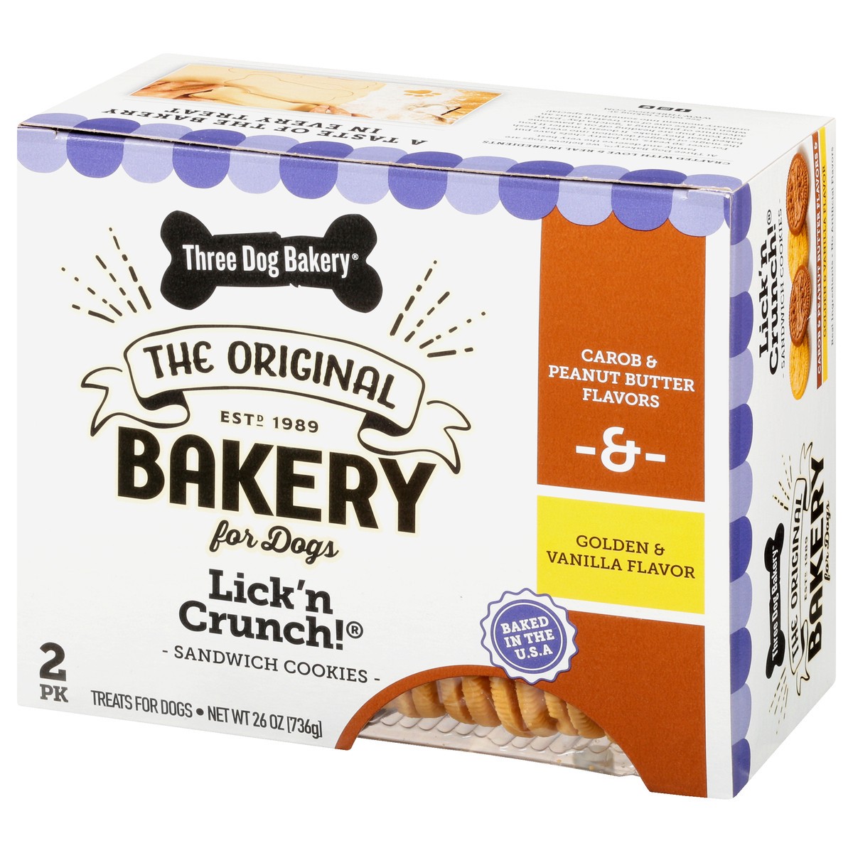 slide 5 of 9, Three Dog Bakery Lick'n Crunch Sandwich Cookies Carob & Peanut Butter Flavors & Golden & Vanilla Flavor Treats For Dogs 2 ea, 2 ct