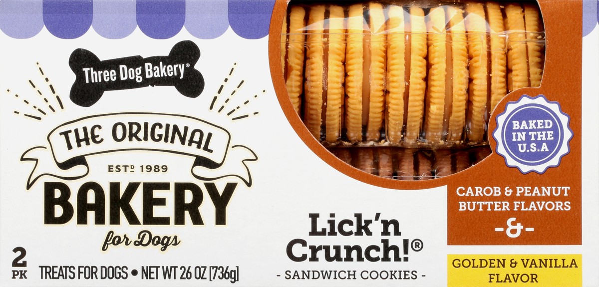 slide 2 of 9, Three Dog Bakery Lick'n Crunch Sandwich Cookies Carob & Peanut Butter Flavors & Golden & Vanilla Flavor Treats For Dogs 2 ea, 2 ct