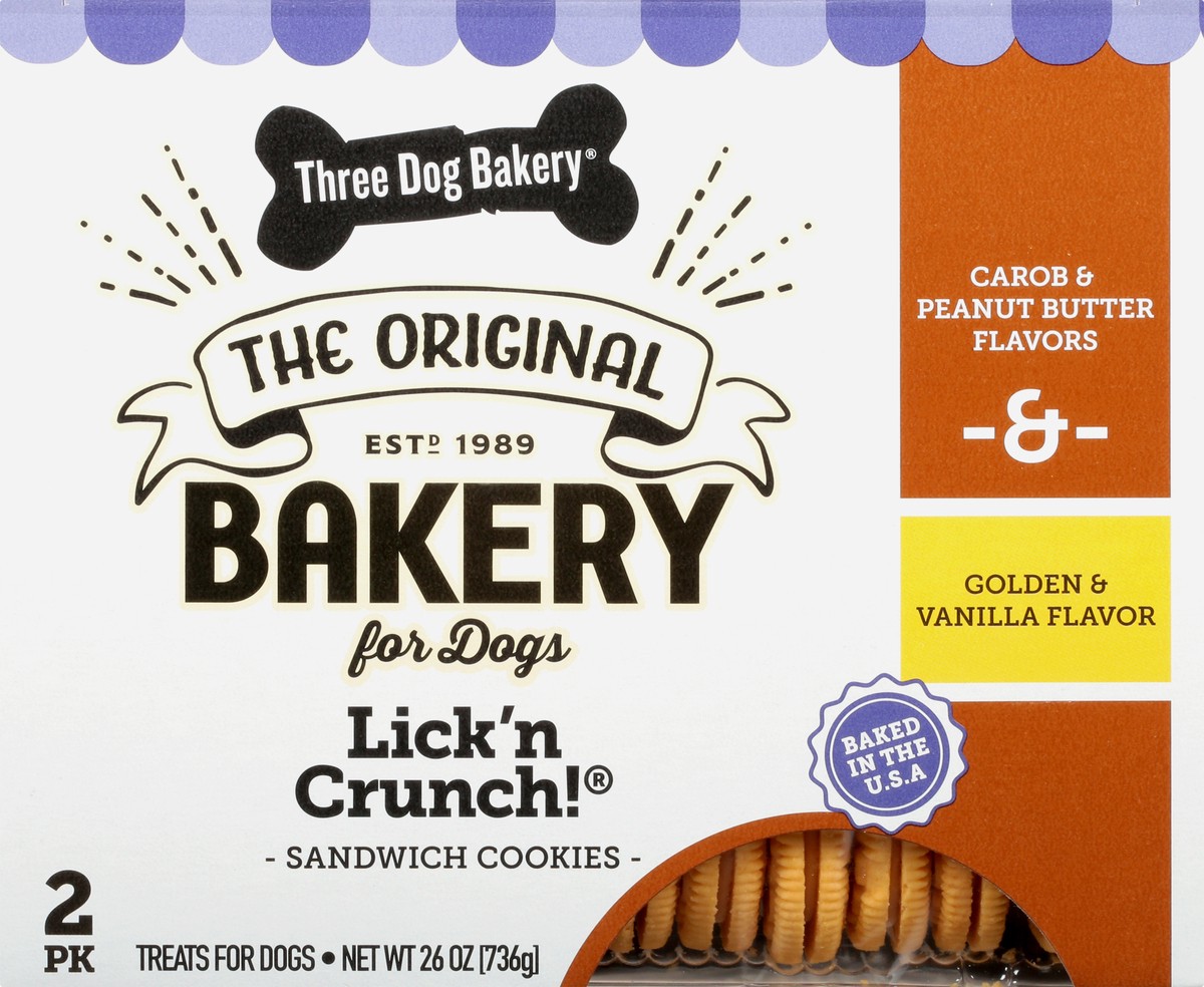 slide 1 of 9, Three Dog Bakery Lick'n Crunch Sandwich Cookies Carob & Peanut Butter Flavors & Golden & Vanilla Flavor Treats For Dogs 2 ea, 2 ct