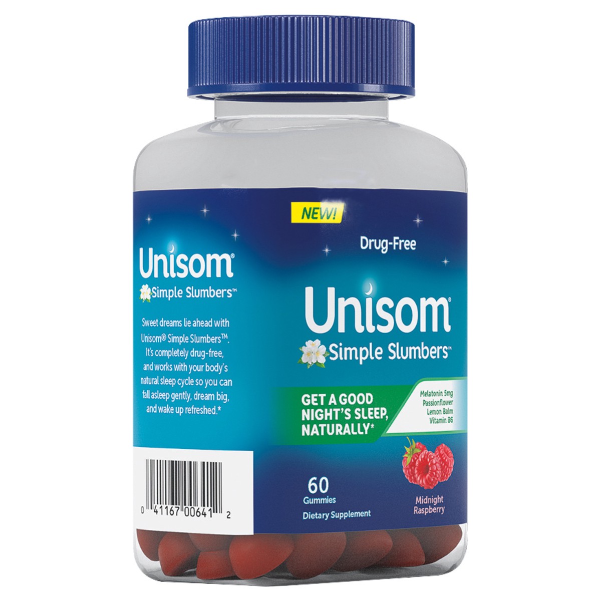 slide 6 of 7, Unisom Simple Slumbers Drug-Free Sleep Aid Gummies 60-Count, Melatonin 5mg, Midnight Raspberry, 60 ct