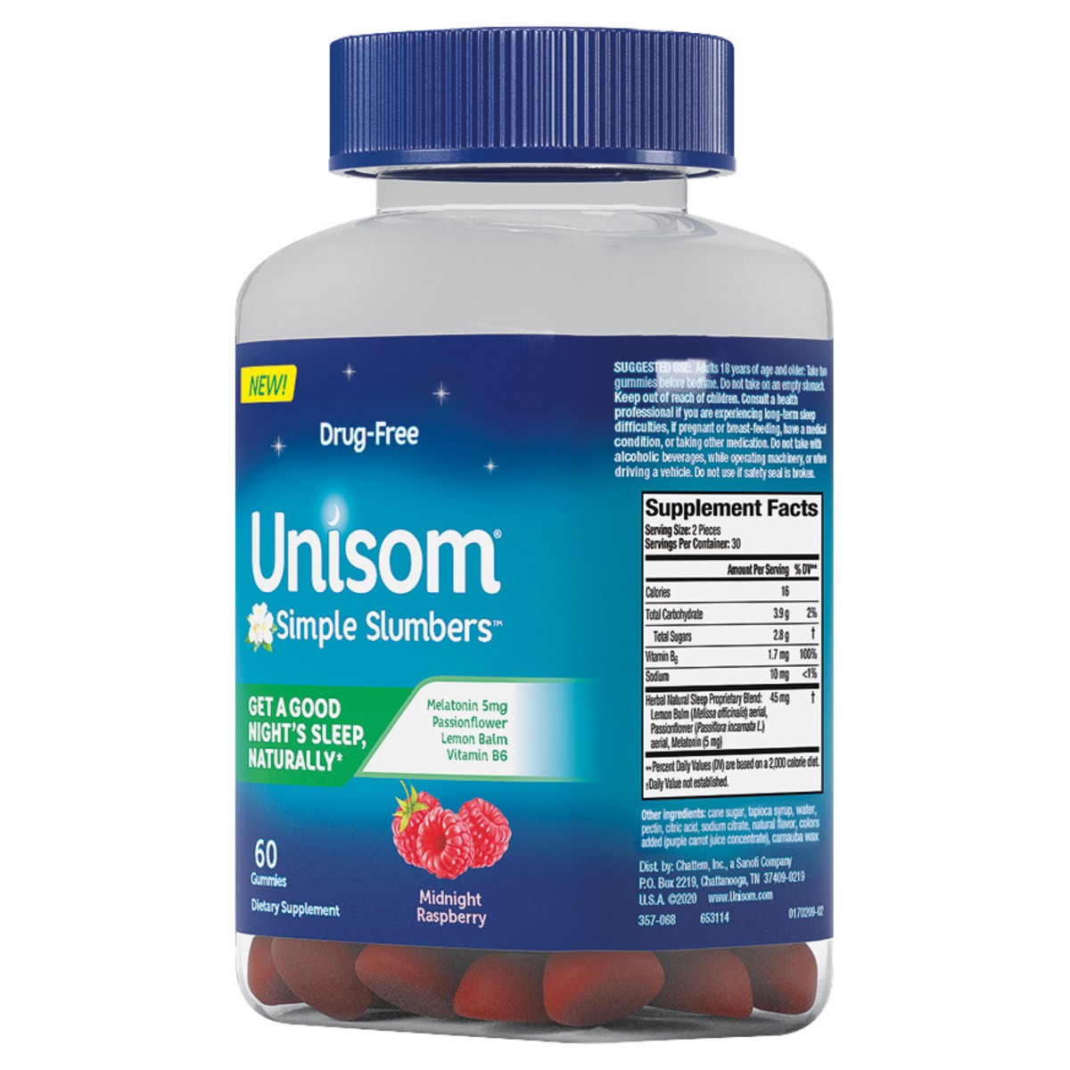 slide 3 of 7, Unisom Simple Slumbers Drug-Free Sleep Aid Gummies 60-Count, Melatonin 5mg, Midnight Raspberry, 60 ct
