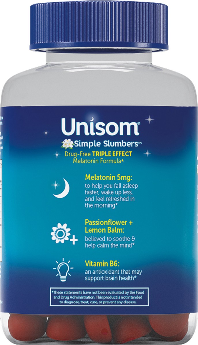 slide 4 of 7, Unisom Simple Slumbers Drug-Free Sleep Aid Gummies 60-Count, Melatonin 5mg, Midnight Raspberry, 60 ct