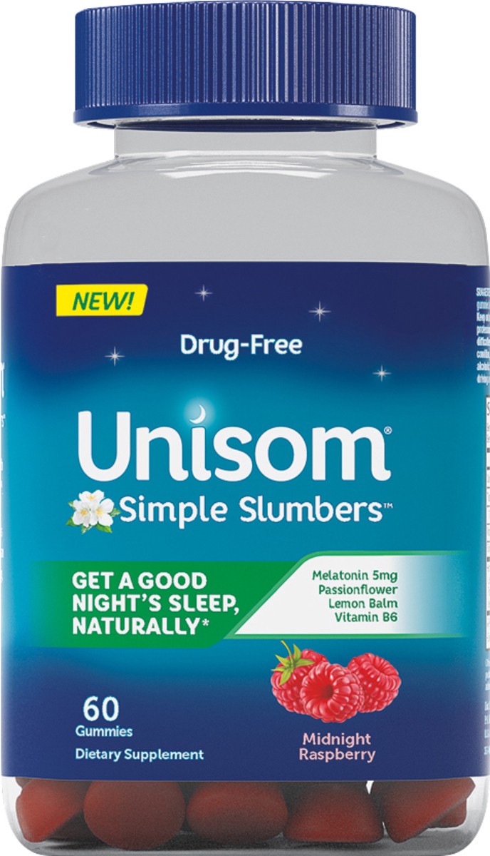 slide 5 of 7, Unisom Simple Slumbers Drug-Free Sleep Aid Gummies 60-Count, Melatonin 5mg, Midnight Raspberry, 60 ct