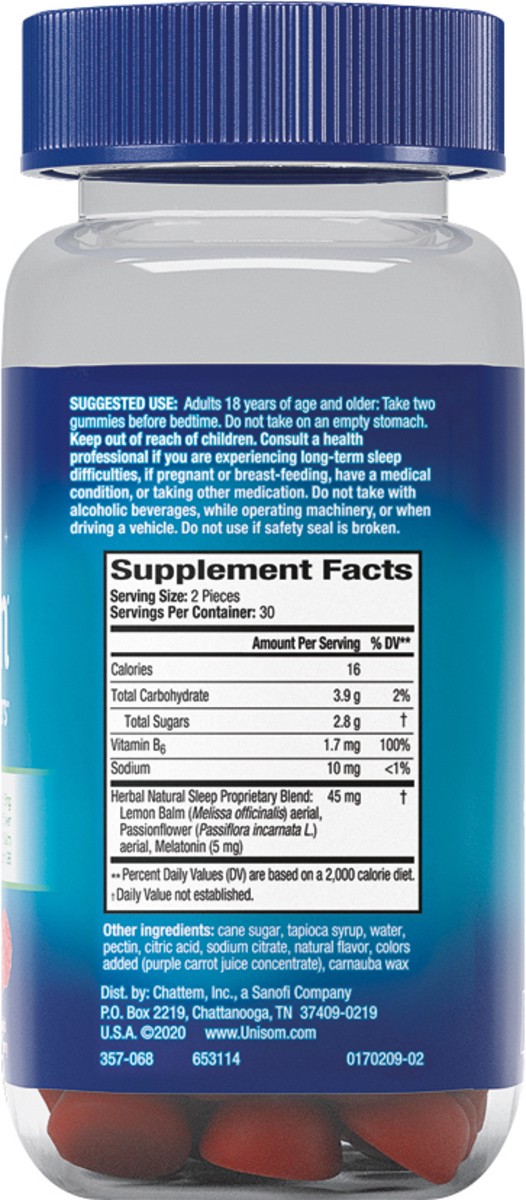 slide 7 of 7, Unisom Simple Slumbers Drug-Free Sleep Aid Gummies 60-Count, Melatonin 5mg, Midnight Raspberry, 60 ct