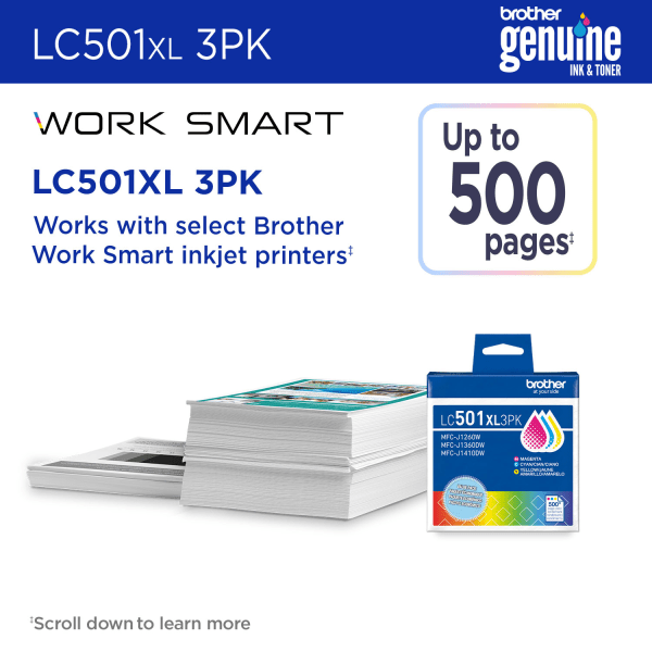 slide 6 of 7, Brother LC501XL3PK Cyan, Magenta, and Yellow High Yield Ink Cartridges, 3-Pack, 1 ct