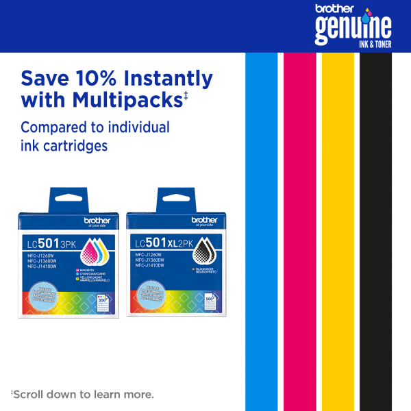 slide 5 of 7, Brother LC501XL3PK Cyan, Magenta, and Yellow High Yield Ink Cartridges, 3-Pack, 1 ct