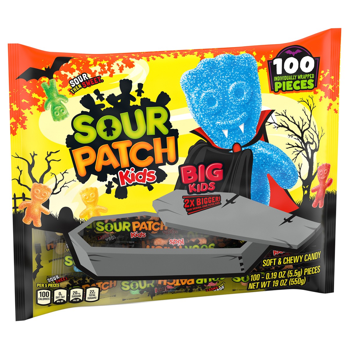 slide 9 of 9, SOUR PATCH KIDS BIG Individually Wrapped Soft & Chewy Halloween Candy, Bulk Candy, 100 Pieces, 19.4 oz