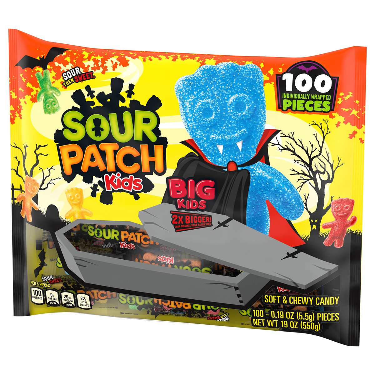 slide 7 of 9, SOUR PATCH KIDS BIG Individually Wrapped Soft & Chewy Halloween Candy, Bulk Candy, 100 Pieces, 19.4 oz