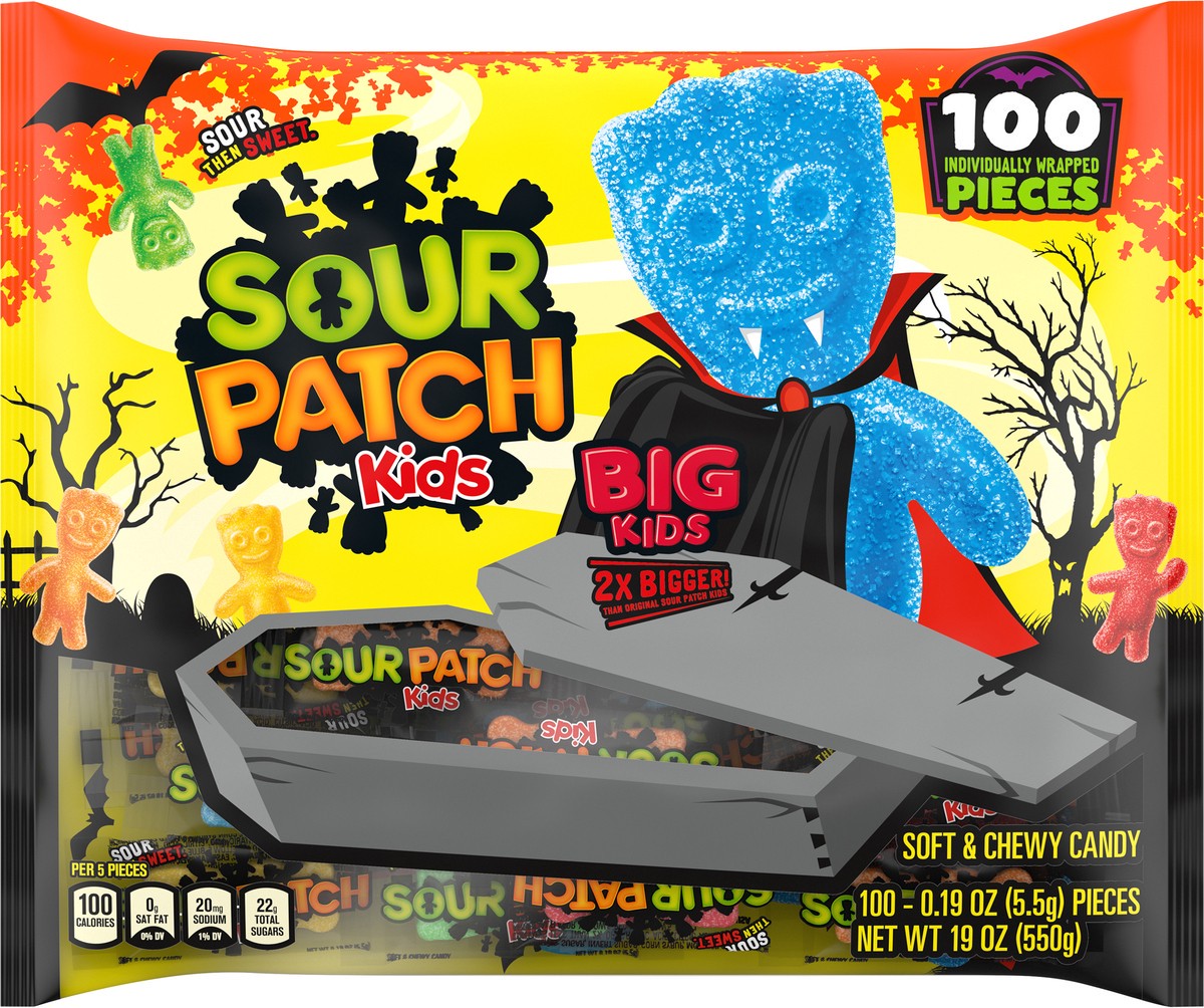 slide 6 of 9, SOUR PATCH KIDS BIG Individually Wrapped Soft & Chewy Halloween Candy, Bulk Candy, 100 Pieces, 19.4 oz