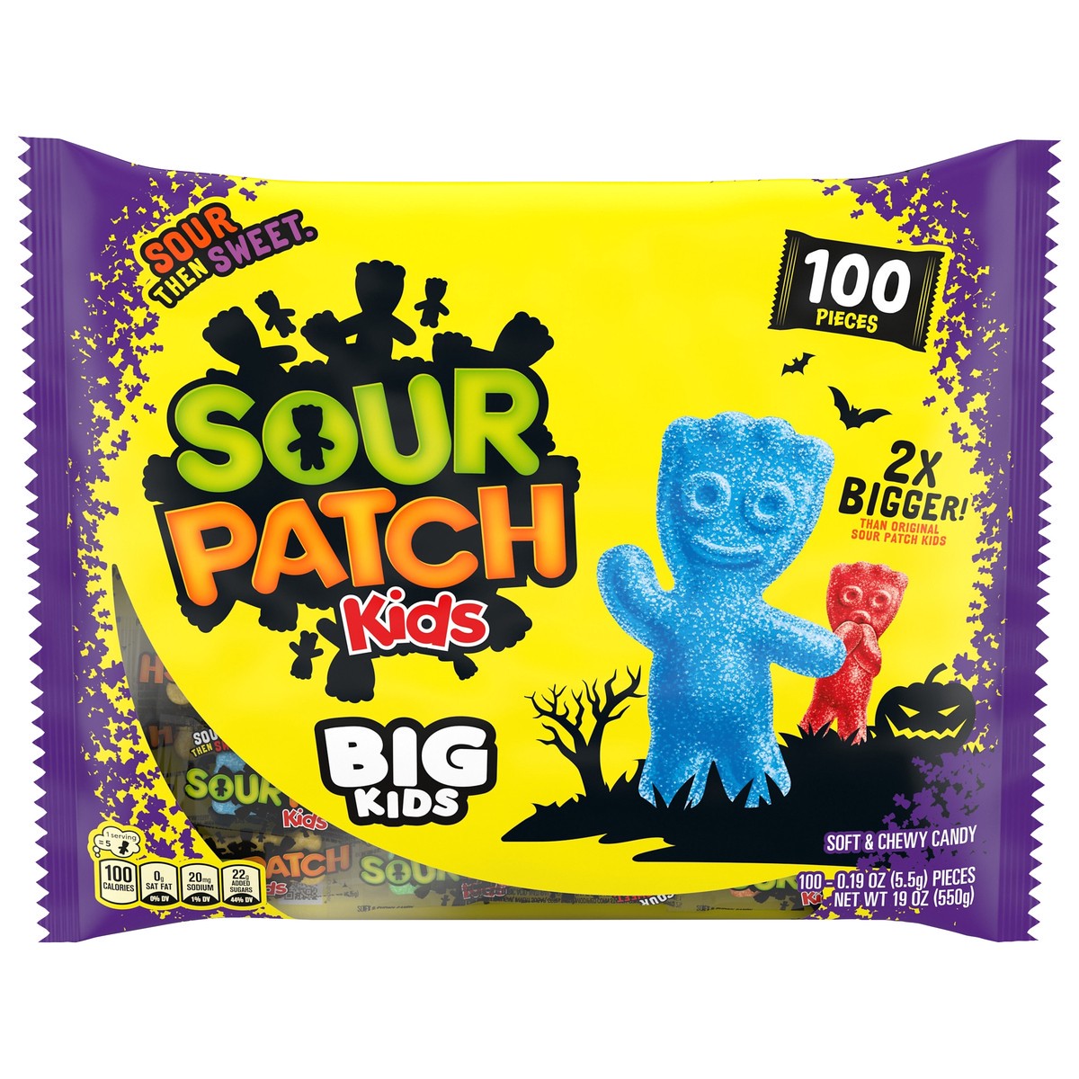 slide 1 of 9, SOUR PATCH KIDS BIG Individually Wrapped Soft & Chewy Halloween Candy, Bulk Candy, 100 Pieces, 19.4 oz