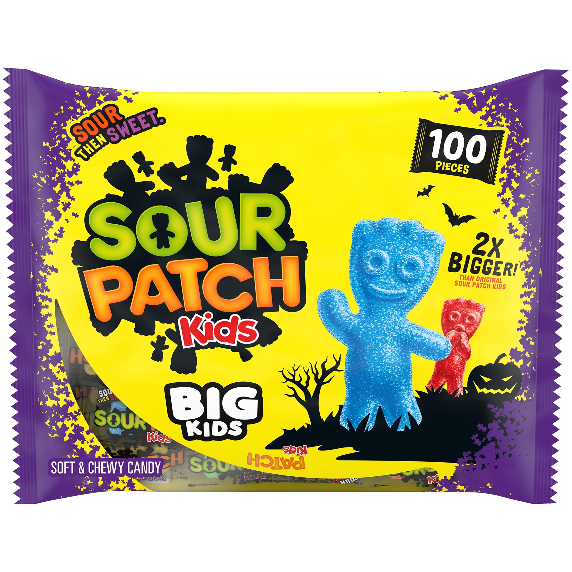 slide 1 of 9, SOUR PATCH KIDS BIG Individually Wrapped Soft & Chewy Halloween Candy, Bulk Candy, 100 Pieces, 19.4 oz
