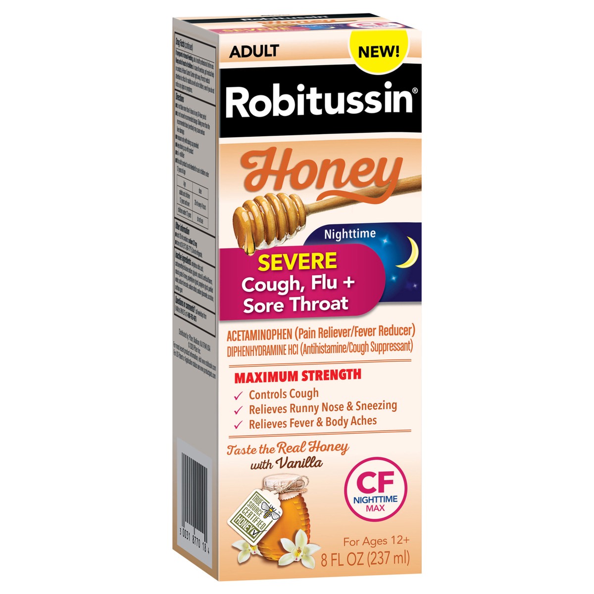 slide 2 of 9, Robitussin Honey Maximum Strength Nighttime Severe Cough Flu Sore Throat Liquid, 8 fl oz