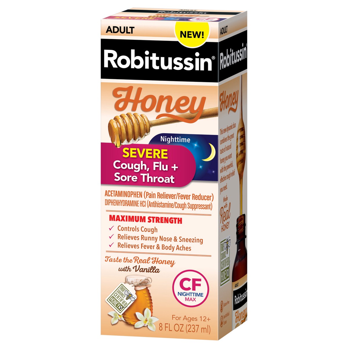 slide 3 of 9, Robitussin Honey Maximum Strength Nighttime Severe Cough Flu Sore Throat Liquid, 8 fl oz