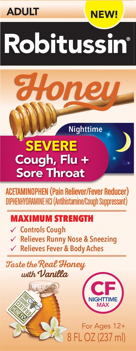 slide 6 of 9, Robitussin Honey Maximum Strength Nighttime Severe Cough Flu Sore Throat Liquid, 8 fl oz