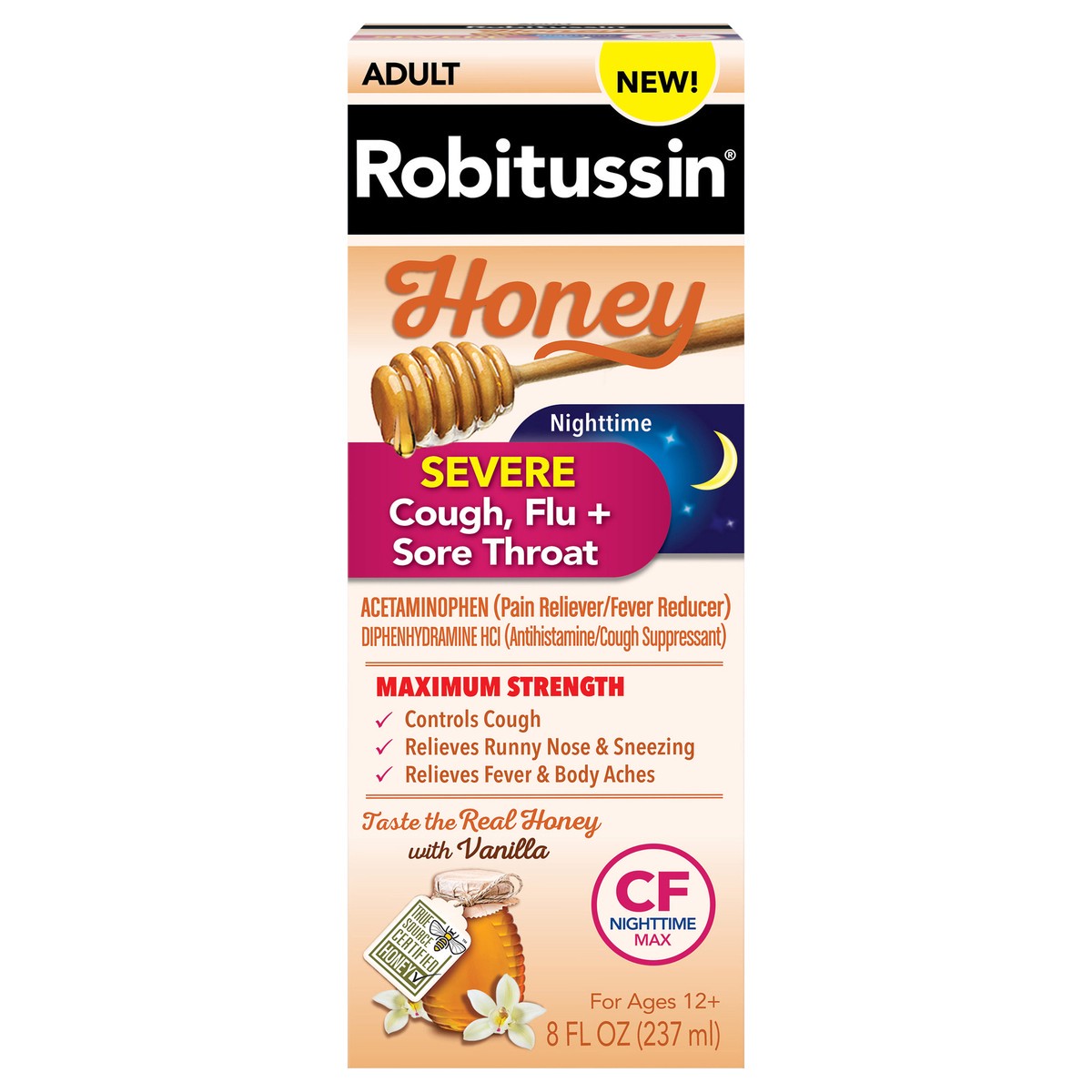 slide 1 of 9, Robitussin Honey Maximum Strength Nighttime Severe Cough Flu Sore Throat Liquid, 8 fl oz