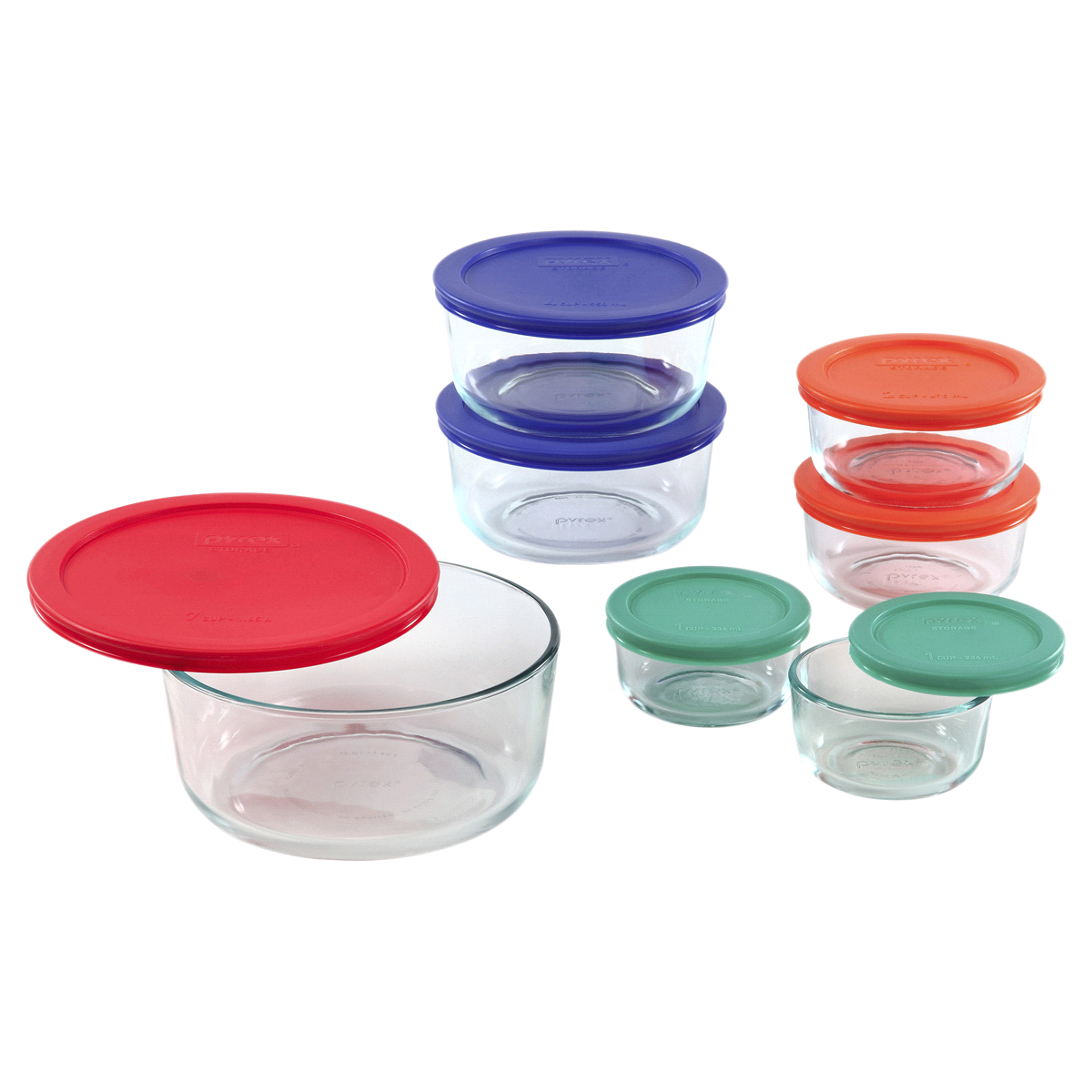 slide 1 of 1, PyrexStorage Plus Set with Colored Plastic Lids, 14 ct