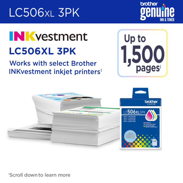 slide 5 of 8, Brother LC506XL3PK Cyan, Magenta, and Yellow High Yield Ink Cartridges, 3-Pack, 1 ct