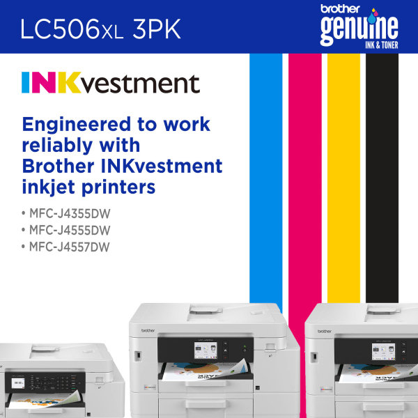 slide 8 of 8, Brother LC506XL3PK Cyan, Magenta, and Yellow High Yield Ink Cartridges, 3-Pack, 1 ct