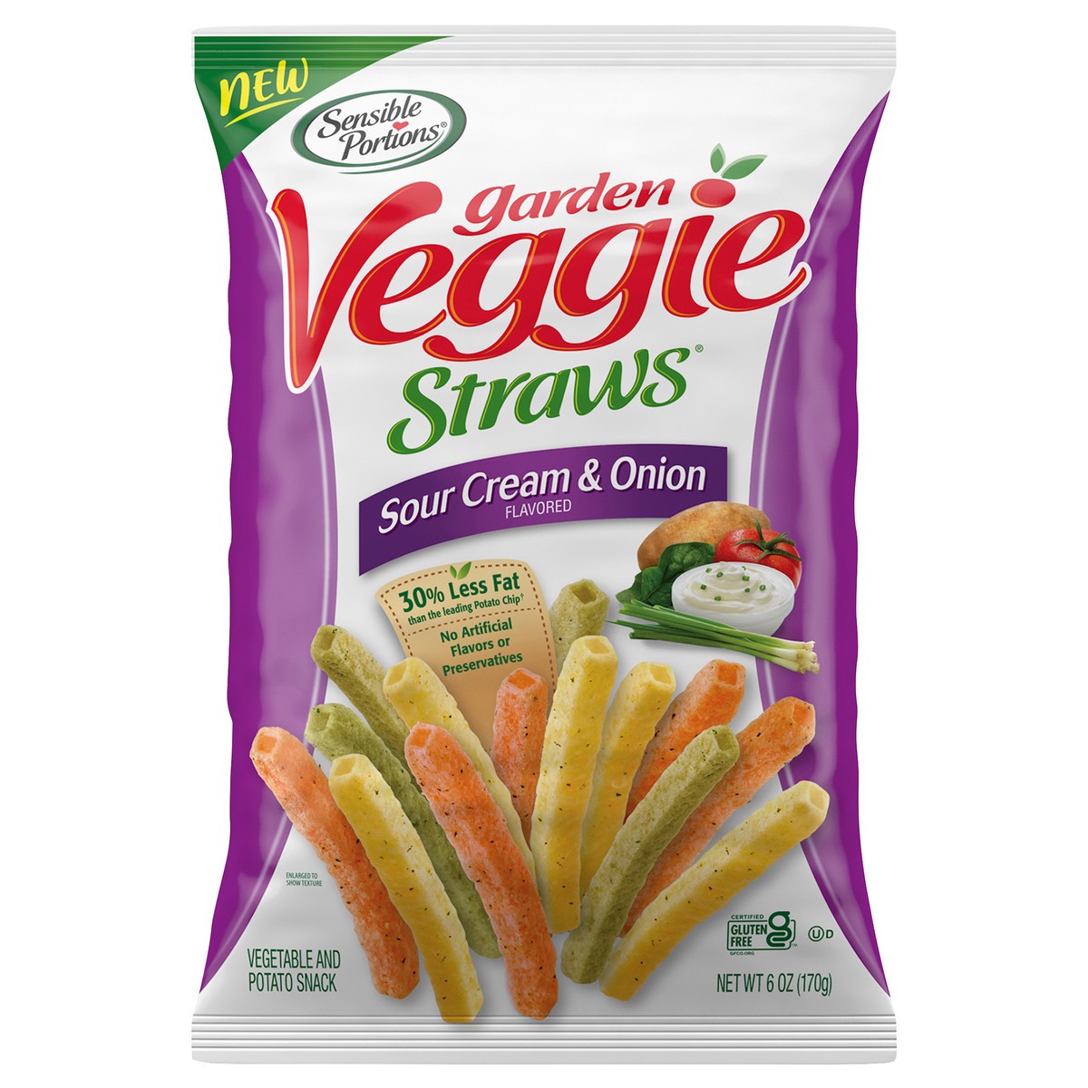 slide 1 of 7, Sensible Portions Garden Veggie Straws Sour Cream & Onion Flavored Vegetable & Potato Snack 6 oz. Bag, 6 oz