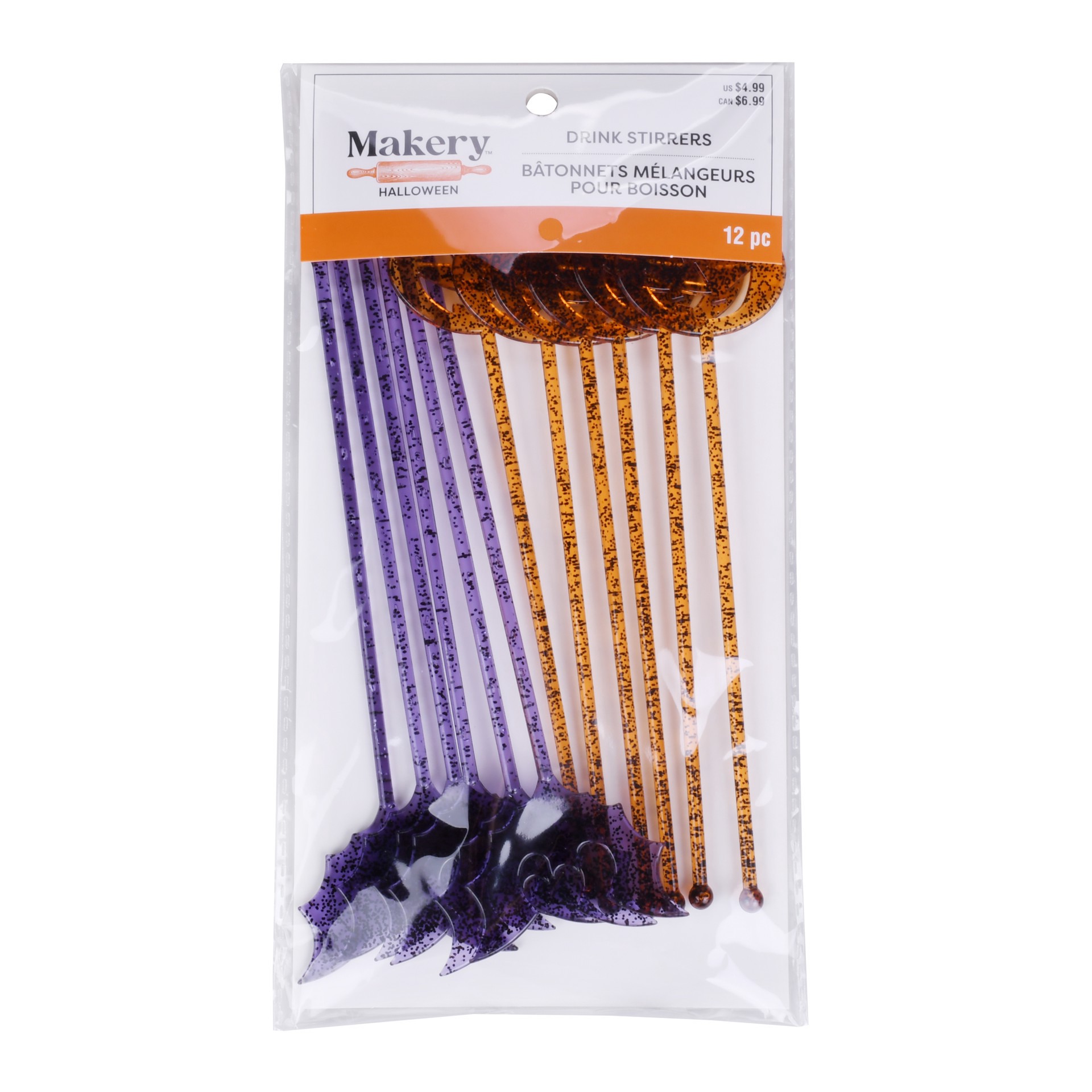 slide 2 of 3, 8" Trick-Or-Treat Jack-O'-Lantern & Bat Drink Stirrers, 12ct. By Makery, 12 ct