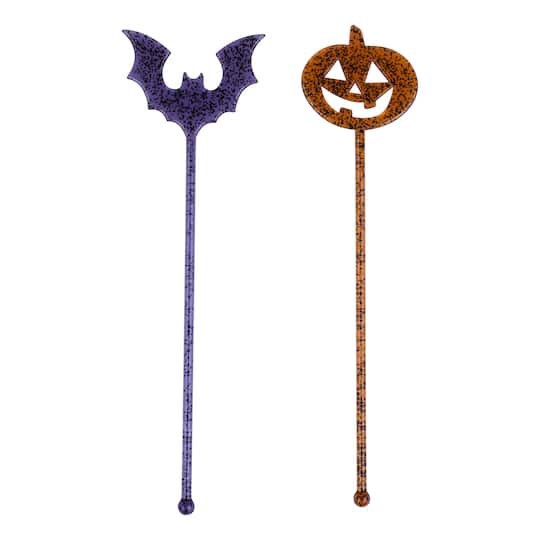 slide 1 of 3, 8" Trick-Or-Treat Jack-O'-Lantern & Bat Drink Stirrers, 12ct. By Makery, 12 ct