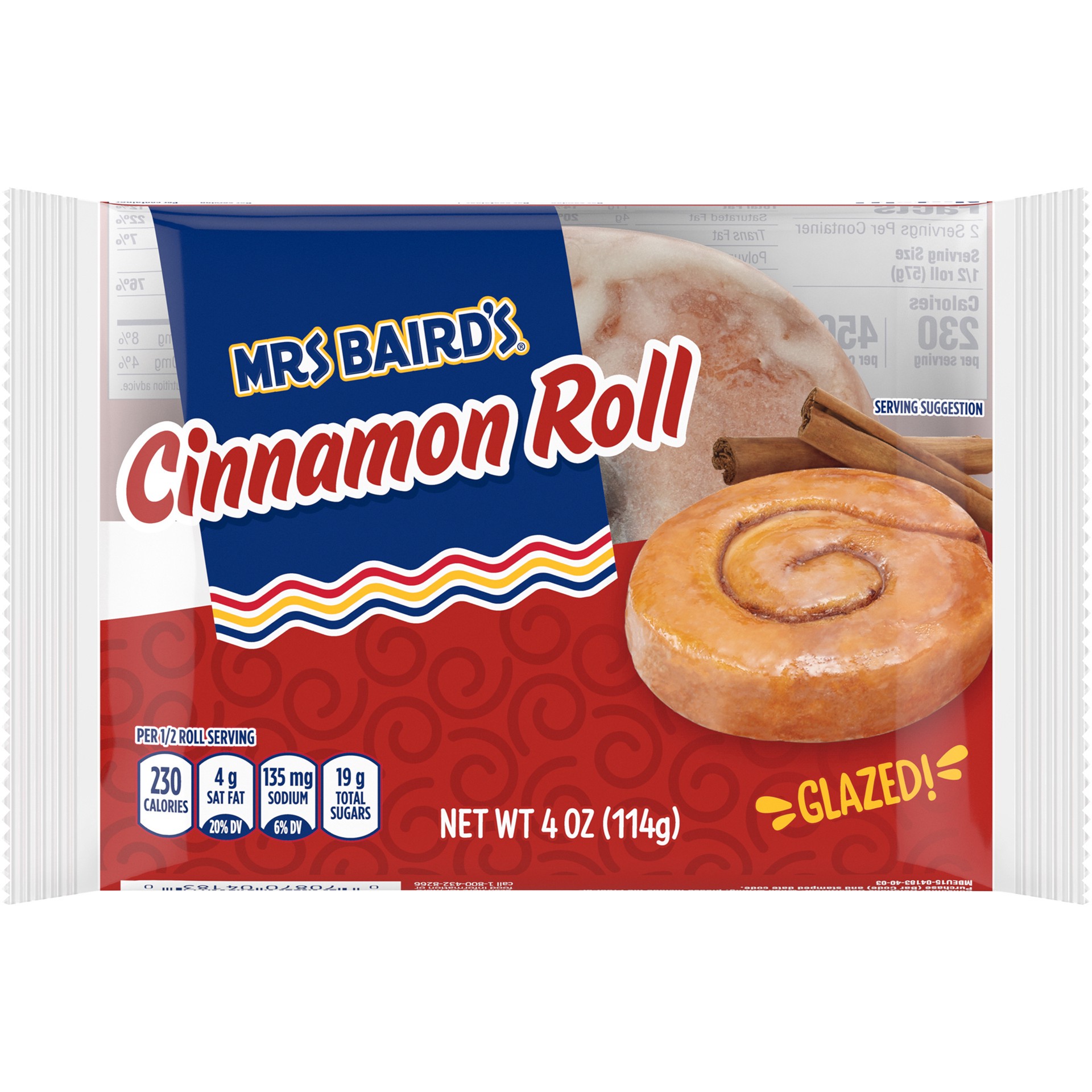 slide 1 of 9, Mrs. Baird's Glazed Cinnamon Roll, Individually Wrapped, 4 oz, 1 ct