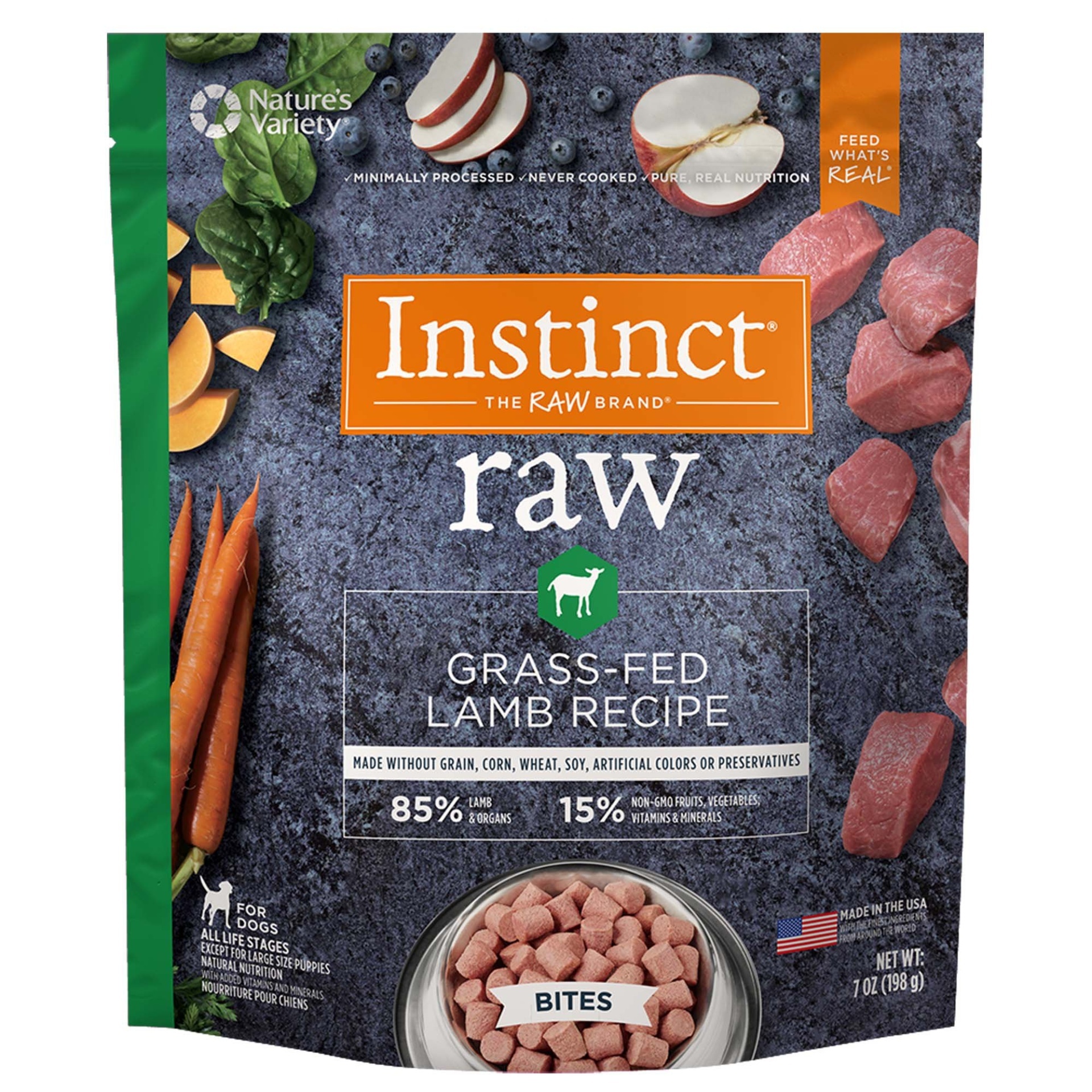 slide 1 of 1, Nature's Variety Instinct Frozen Raw Bites Grain-Free Grass Fed Lamb Recipe Natural Dog Food, 7 oz