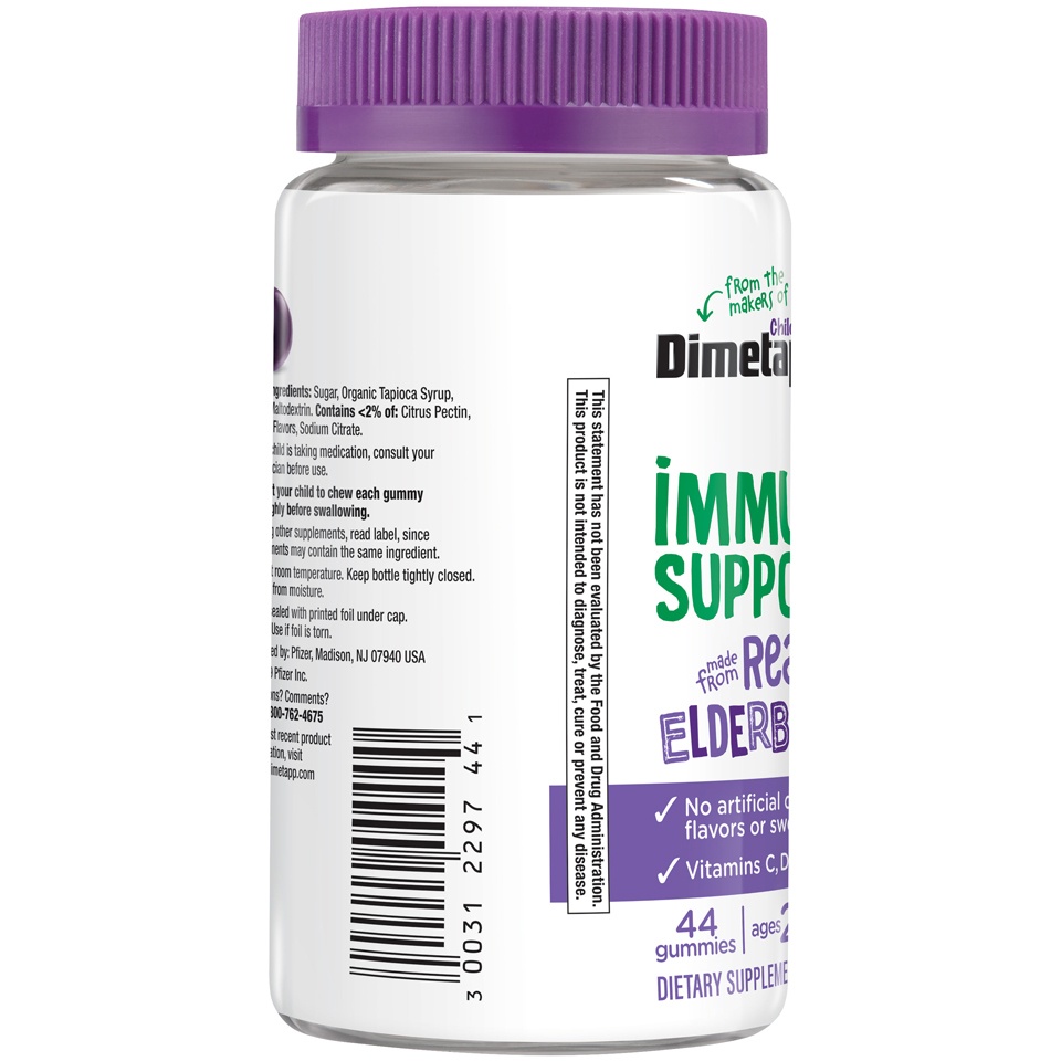 slide 2 of 7, Dimetapp Elderberry Gummies Immune Support For Kids, Vitamins C, D, E, & Zinc, No Artificial Colors, Flavors Or Sweeteners, 44 Gummies, 44 ct