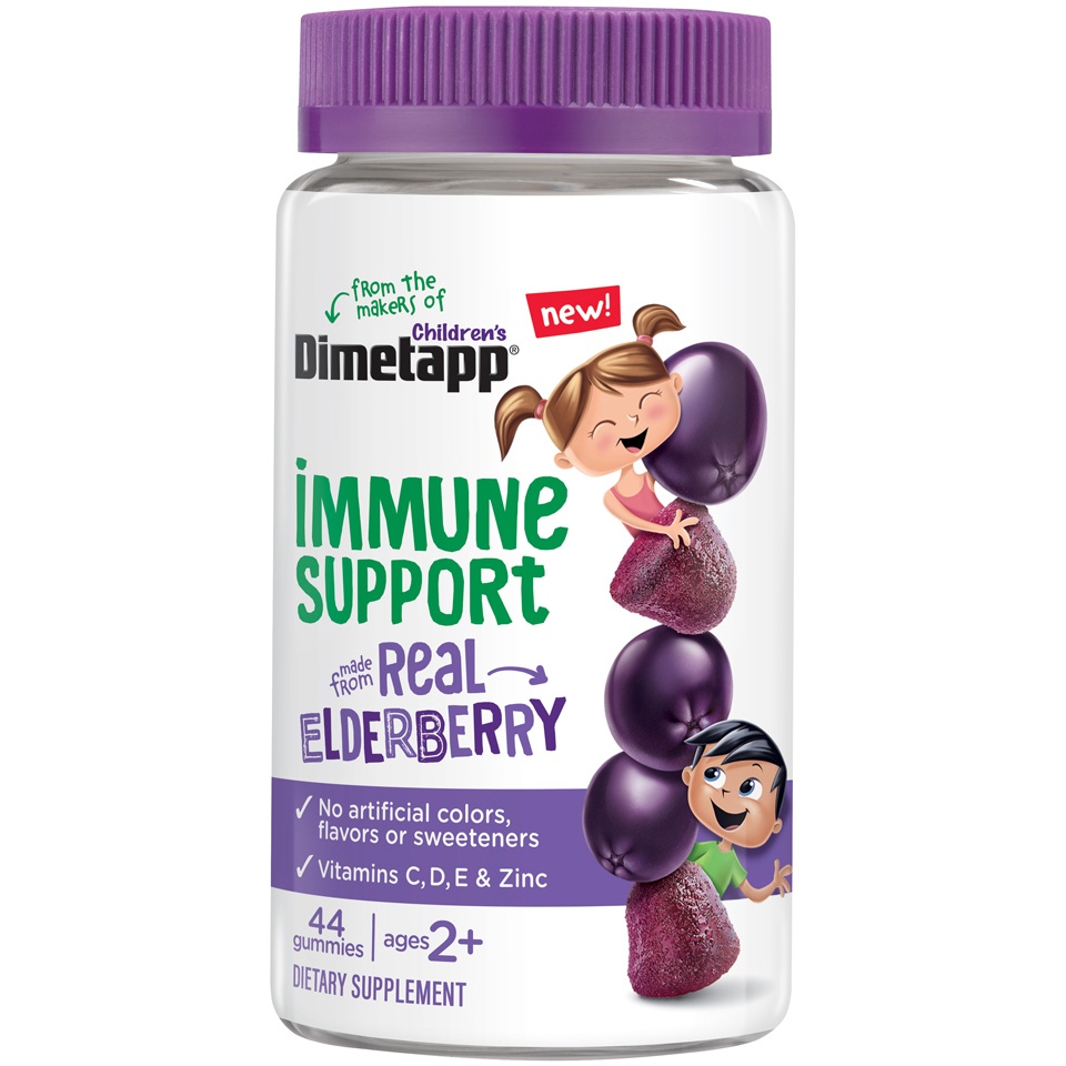 slide 1 of 7, Dimetapp Elderberry Gummies Immune Support For Kids, Vitamins C, D, E, & Zinc, No Artificial Colors, Flavors Or Sweeteners, 44 Gummies, 44 ct