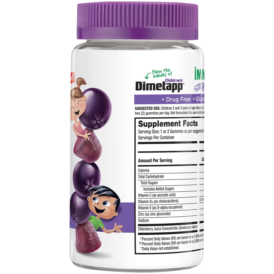 slide 3 of 7, Dimetapp Elderberry Gummies Immune Support For Kids, Vitamins C, D, E, & Zinc, No Artificial Colors, Flavors Or Sweeteners, 44 Gummies, 44 ct