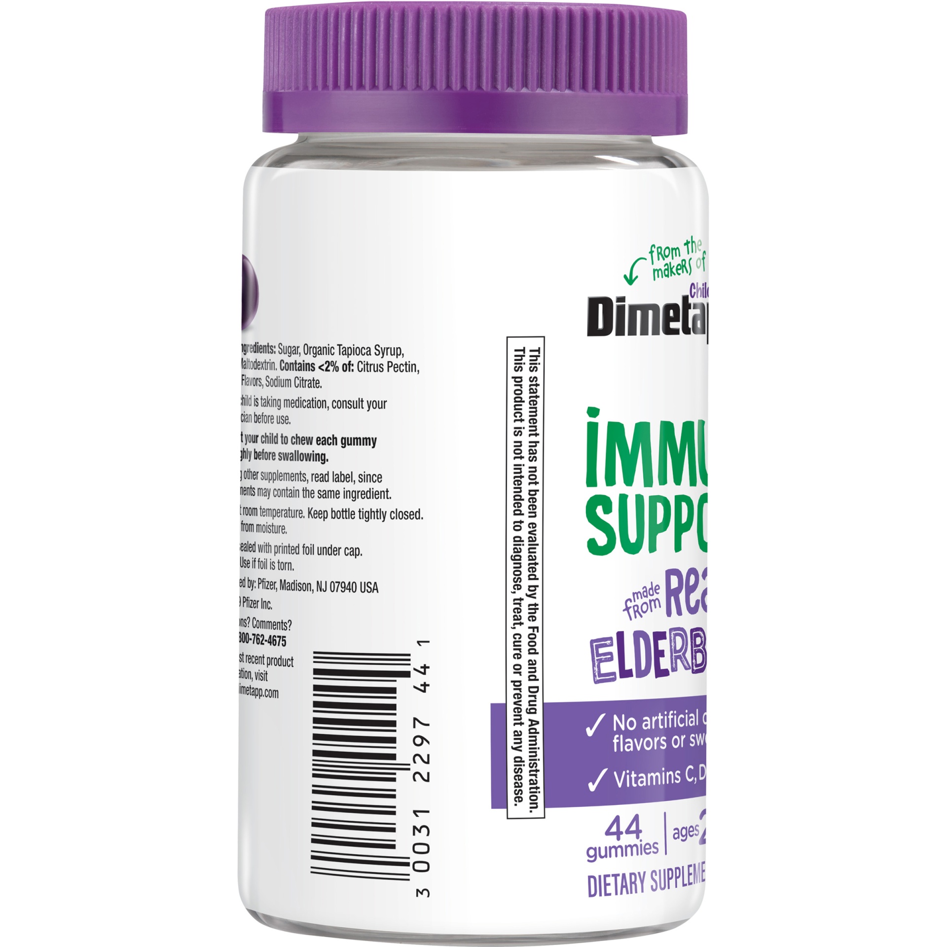 slide 4 of 7, Dimetapp Elderberry Gummies Immune Support For Kids, Vitamins C, D, E, & Zinc, No Artificial Colors, Flavors Or Sweeteners, 44 Gummies, 44 ct