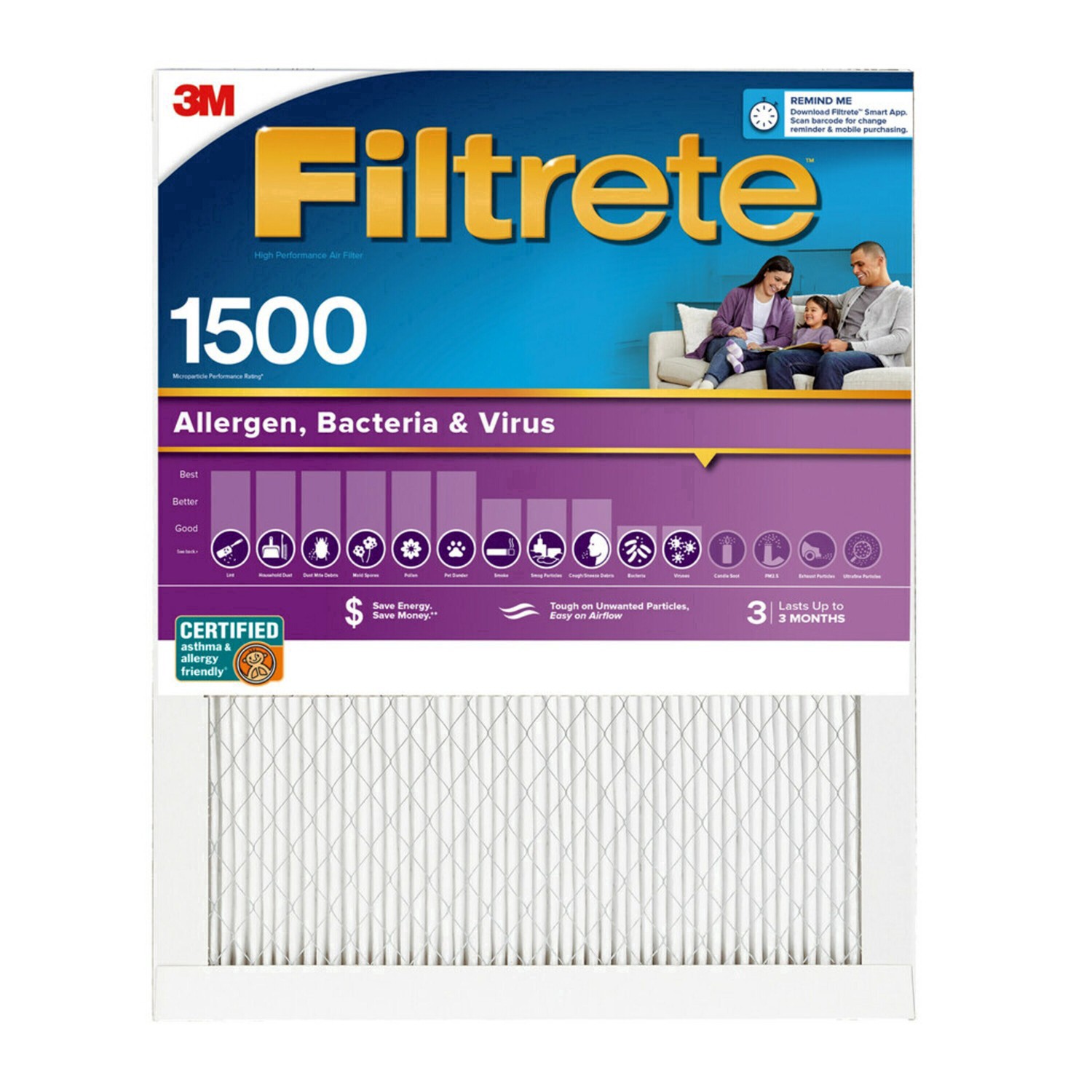 slide 11 of 34, Filtrete 20x25x1 Allergen Bacteria and Virus Air Filter 1500 MPR, 20 in x 25 in
