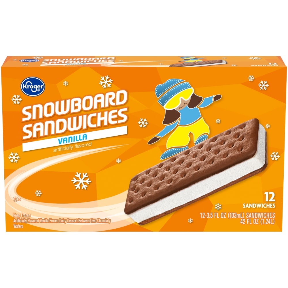 slide 1 of 1, Kroger Snowboard Sandwiches Vanilla Frozen Dairy Dessert, 42 fl oz