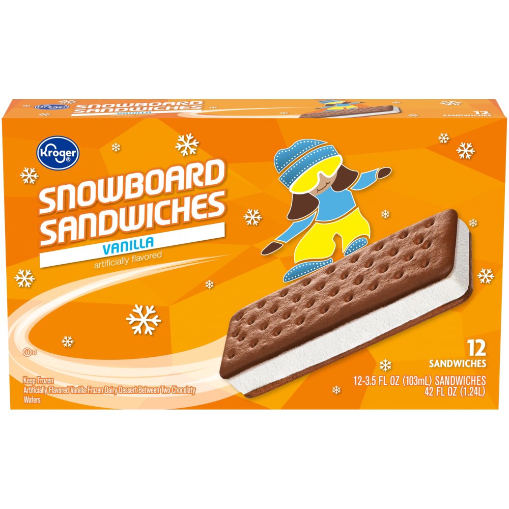 slide 1 of 4, Kroger Snowboard Sandwiches Vanilla Frozen Dairy Dessert, 42 fl oz