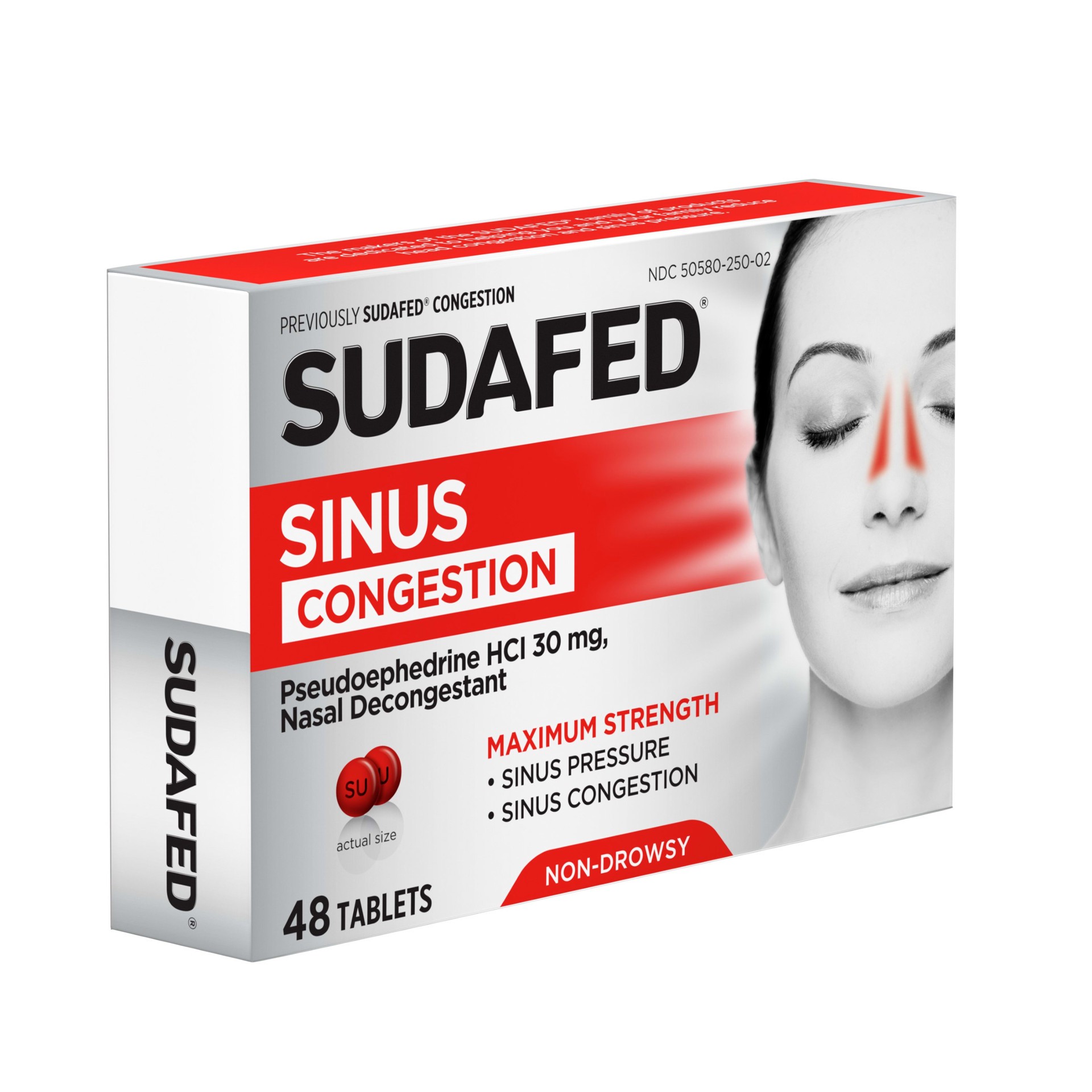 slide 5 of 5, Sudafed Tablets 30 mg Maximum Strength Non-Drowsy Sinus Congestion 48 ea, 