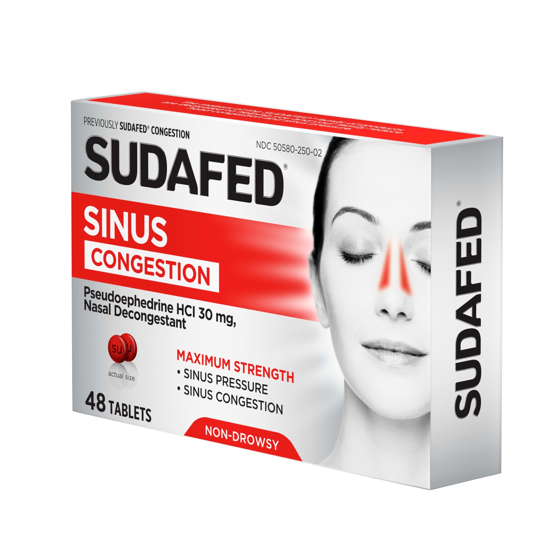 slide 4 of 5, Sudafed Tablets 30 mg Maximum Strength Non-Drowsy Sinus Congestion 48 ea, 