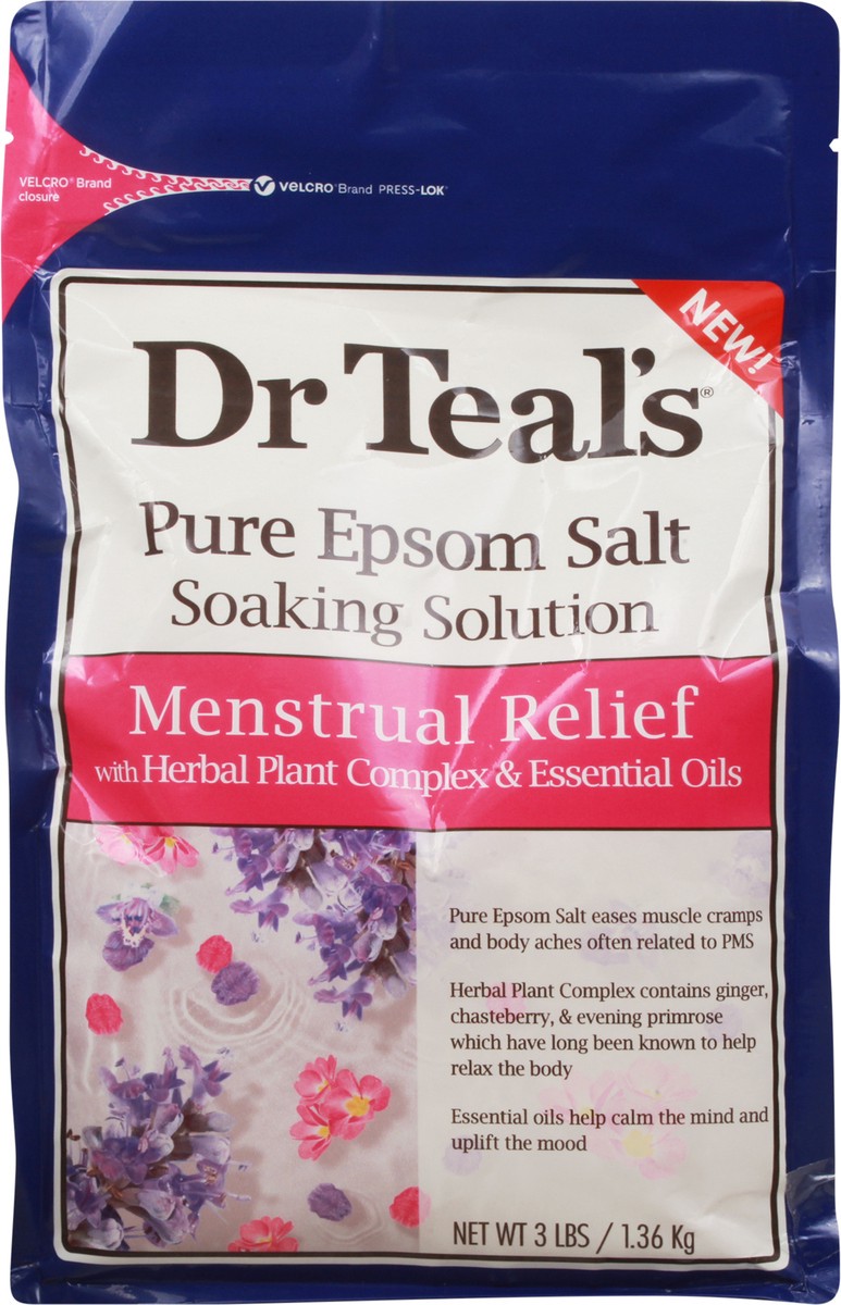 slide 2 of 13, Dr. Teal's Menstrual Relief Pure Epsom Salt Soaking Solution, 3 lb