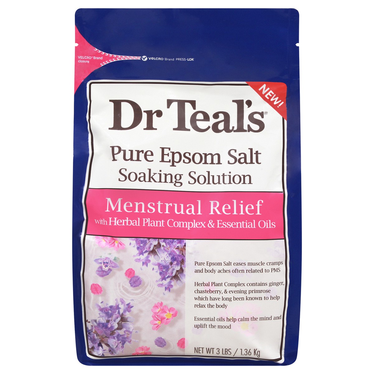 slide 1 of 13, Dr. Teal's Menstrual Relief Pure Epsom Salt Soaking Solution, 3 lb