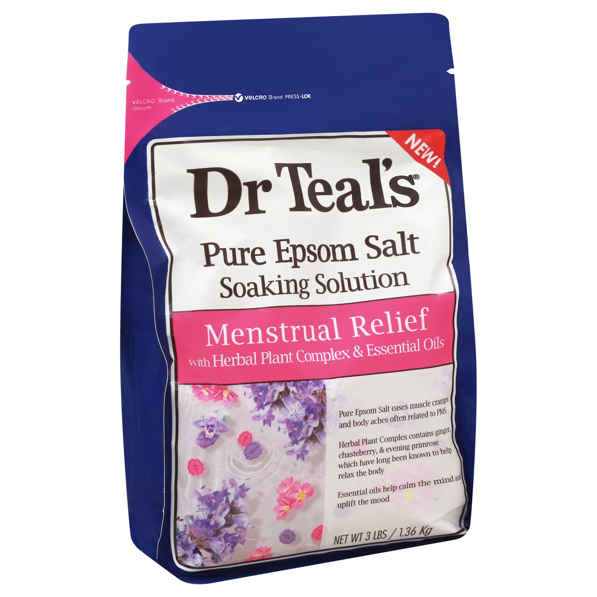 slide 13 of 13, Dr. Teal's Menstrual Relief Pure Epsom Salt Soaking Solution, 3 lb