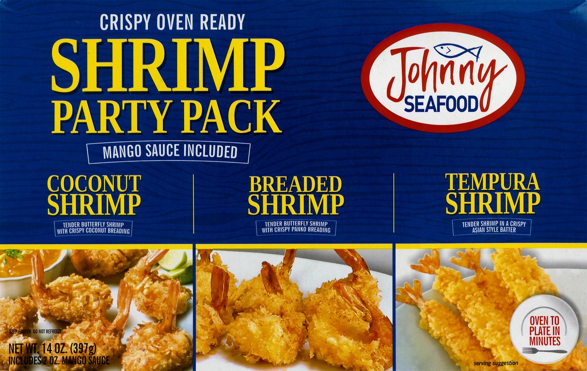 slide 1 of 12, Johnny Seafood Crispy Oven Ready Coconut/Breaded/Tempura Shrimp Party Pack 14 oz, 14 oz