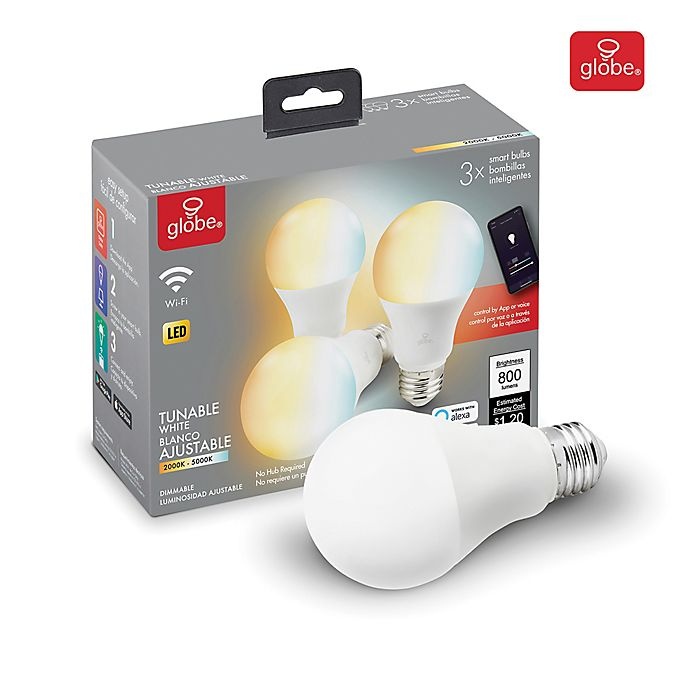 slide 2 of 6, Globe Electric Smart Wi-Fi 60-Watt Equivalent A19 Tunable LED Light Bulb - White, 3 ct