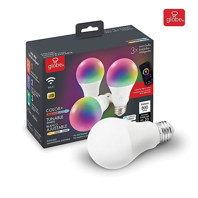 slide 2 of 7, Globe Electric Smart Wi-Fi 60-Watt Equivalent A19 Color Changing Tunable LED Bulb - White, 3 ct