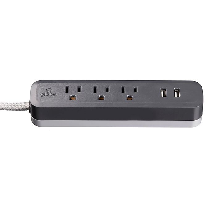 slide 2 of 4, Globe Electric Designer Series 3-Outlet 2-USB Surge Protector Power Strip - Grey Charcoal, 6 ft