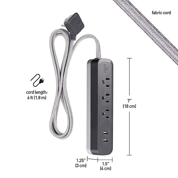 slide 3 of 4, Globe Electric Designer Series 3-Outlet 2-USB Surge Protector Power Strip - Grey Charcoal, 6 ft