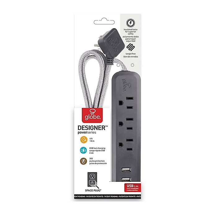 slide 4 of 4, Globe Electric Designer Series 3-Outlet 2-USB Surge Protector Power Strip - Grey Charcoal, 6 ft