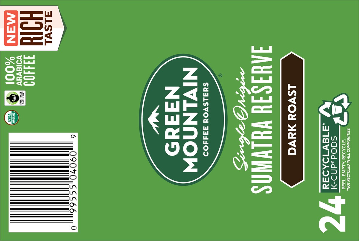 slide 5 of 10, Green Mountain Coffee Sumatra Reserve Coffee, Keurig Single-Serve K-Cup pods, Dark Roast - 24 ct, 24 ct