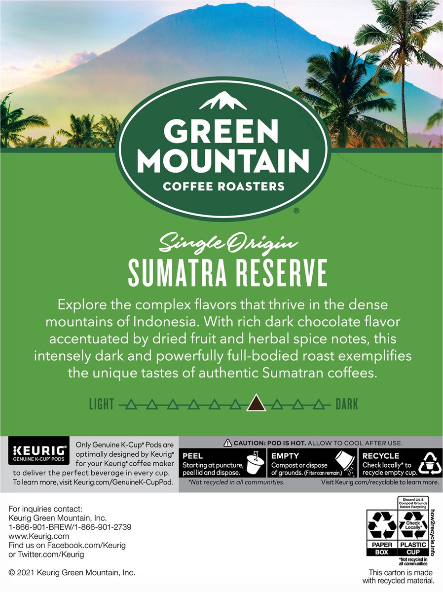 slide 4 of 10, Green Mountain Coffee Sumatra Reserve Coffee, Keurig Single-Serve K-Cup pods, Dark Roast - 24 ct, 24 ct